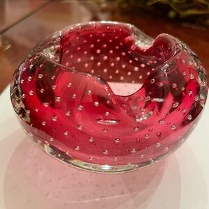 Murano Red/cranberry Bullicante vintage art glass ashtray.